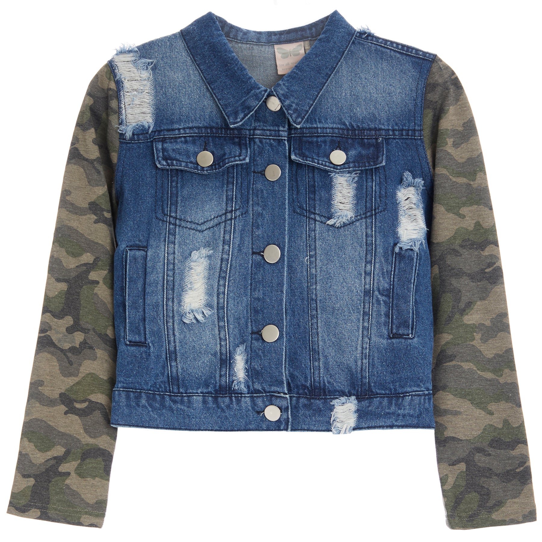 Distressed Denim Jacket W. Camo Sleeve