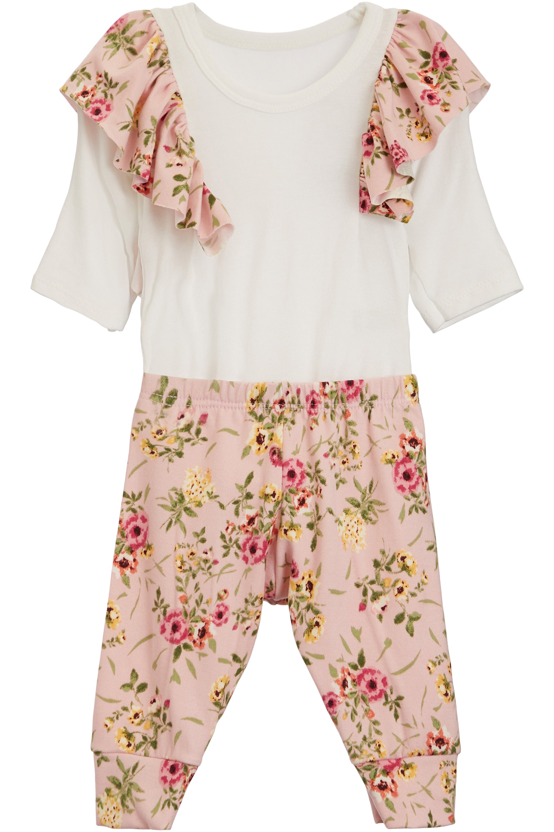 2 PC RUFFLE ONESIE SET-IVORY/PINK FLORAL