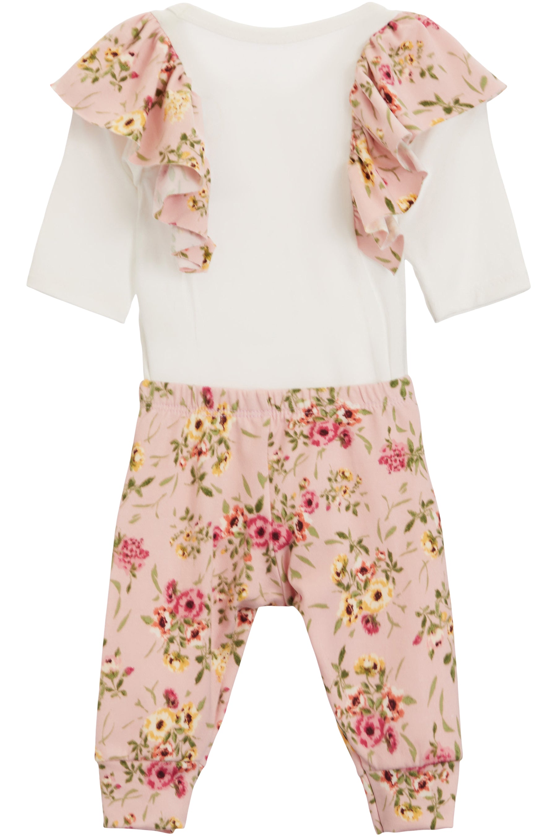 2 PC RUFFLE ONESIE SET-IVORY/PINK FLORAL