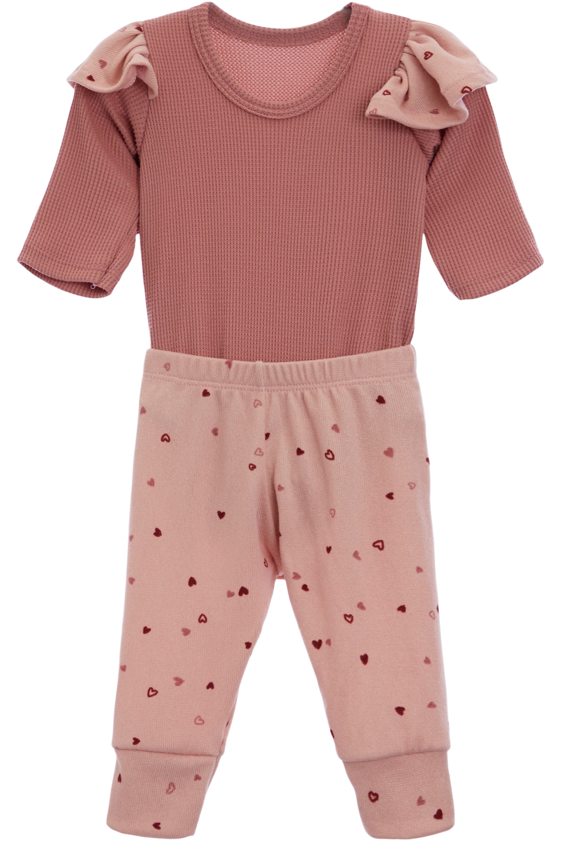 2 PC RUFFLE ONESIE SET-PINK HEARTS
