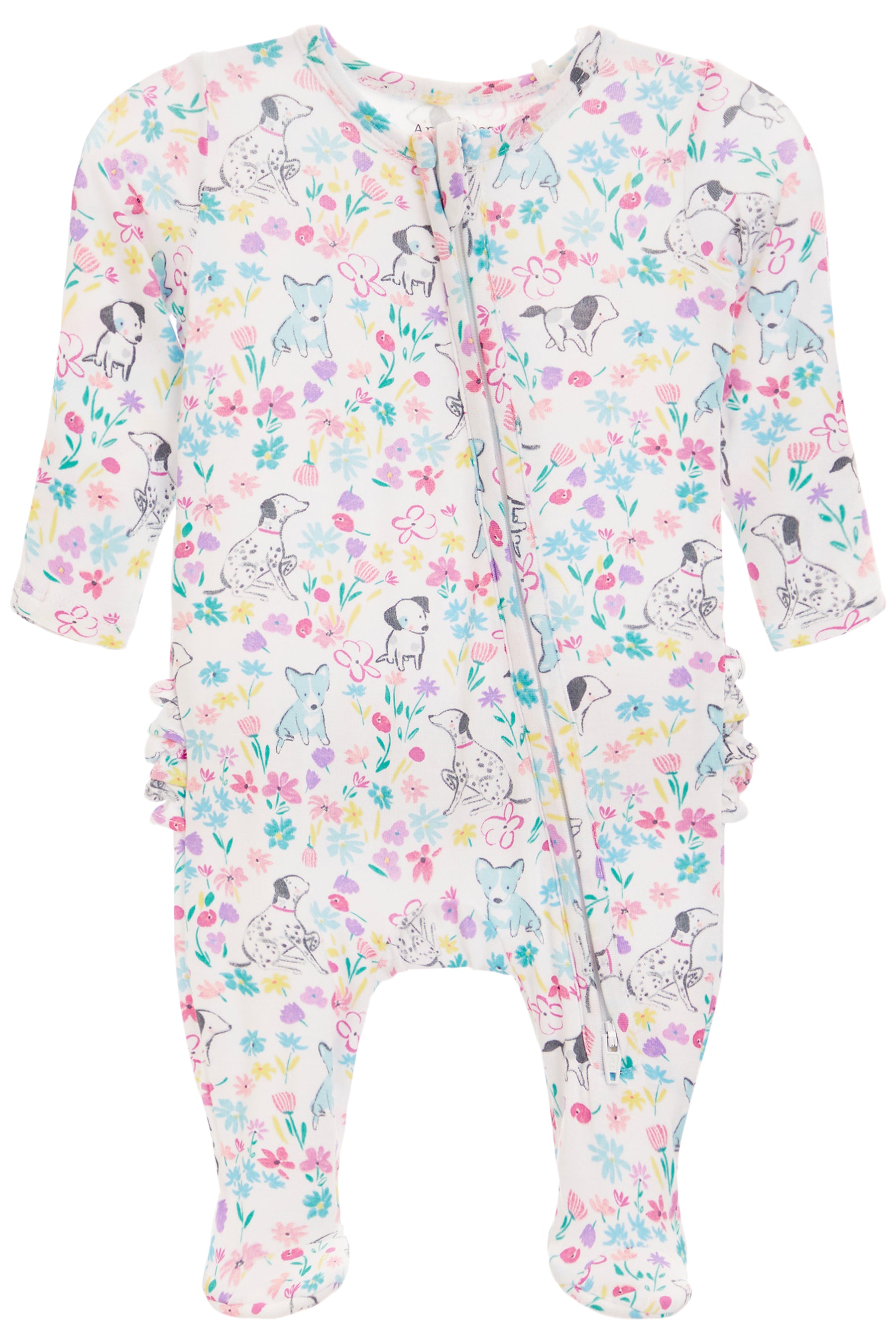 Ruffle Back Zipper Footie- Dog Floral