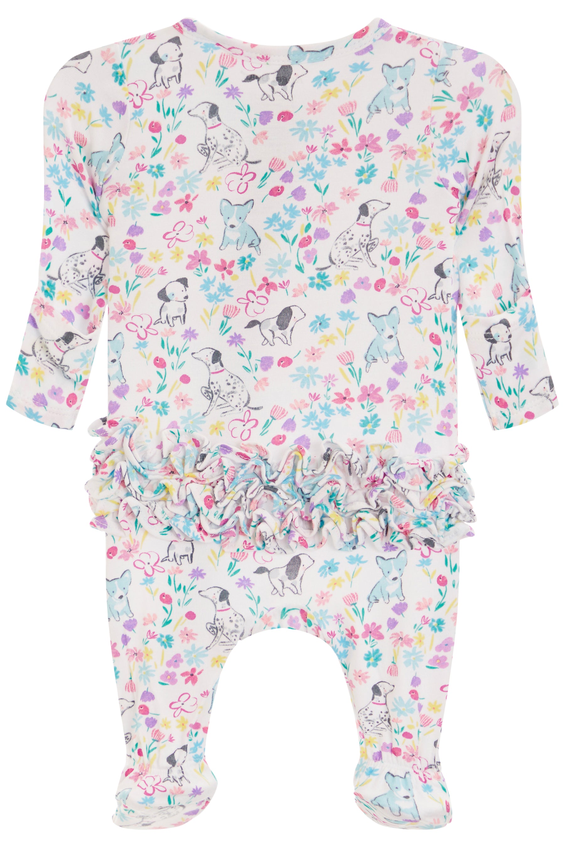Ruffle Back Zipper Footie- Dog Floral