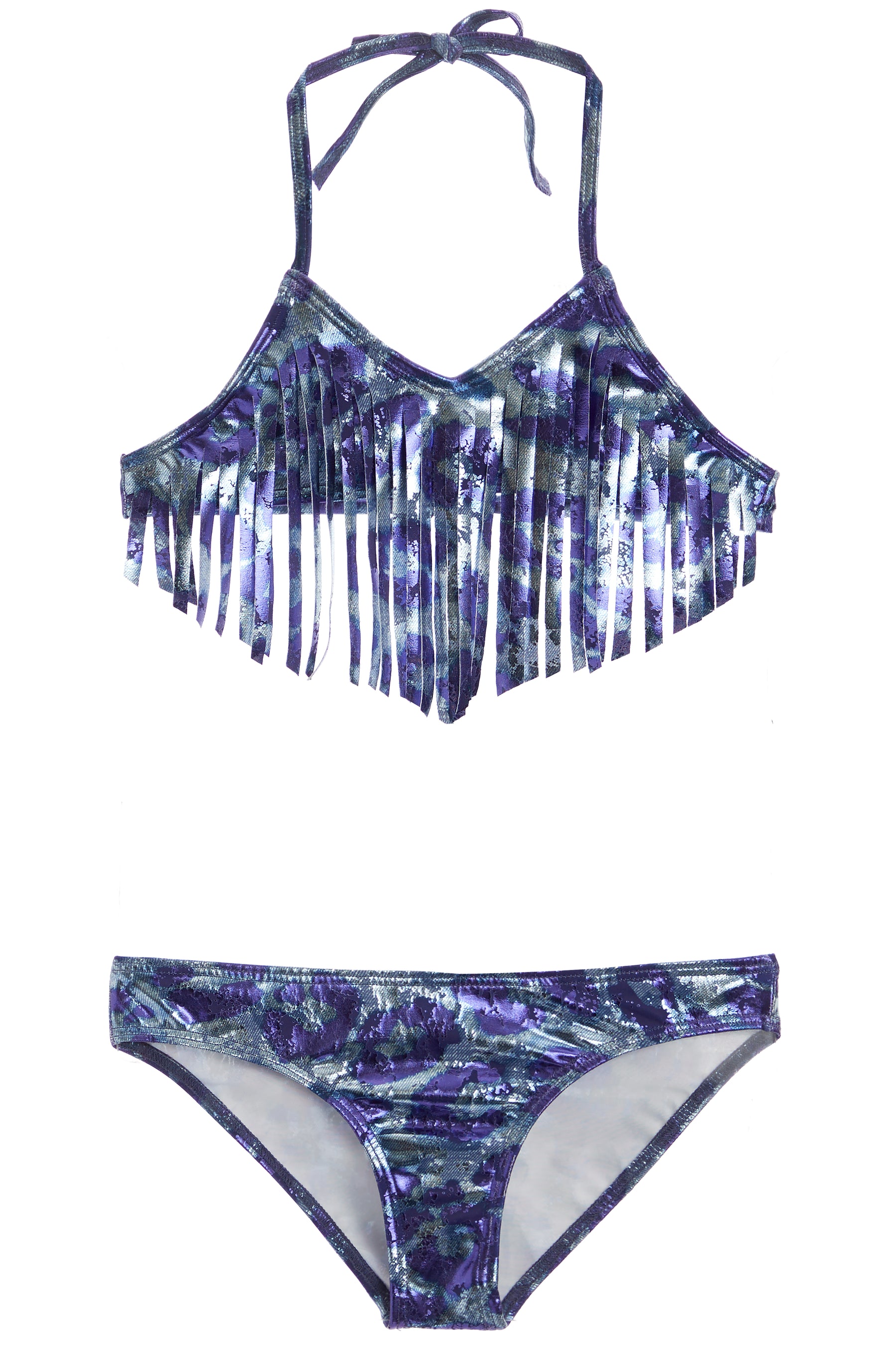 Denim Foil Bikini with Fringe