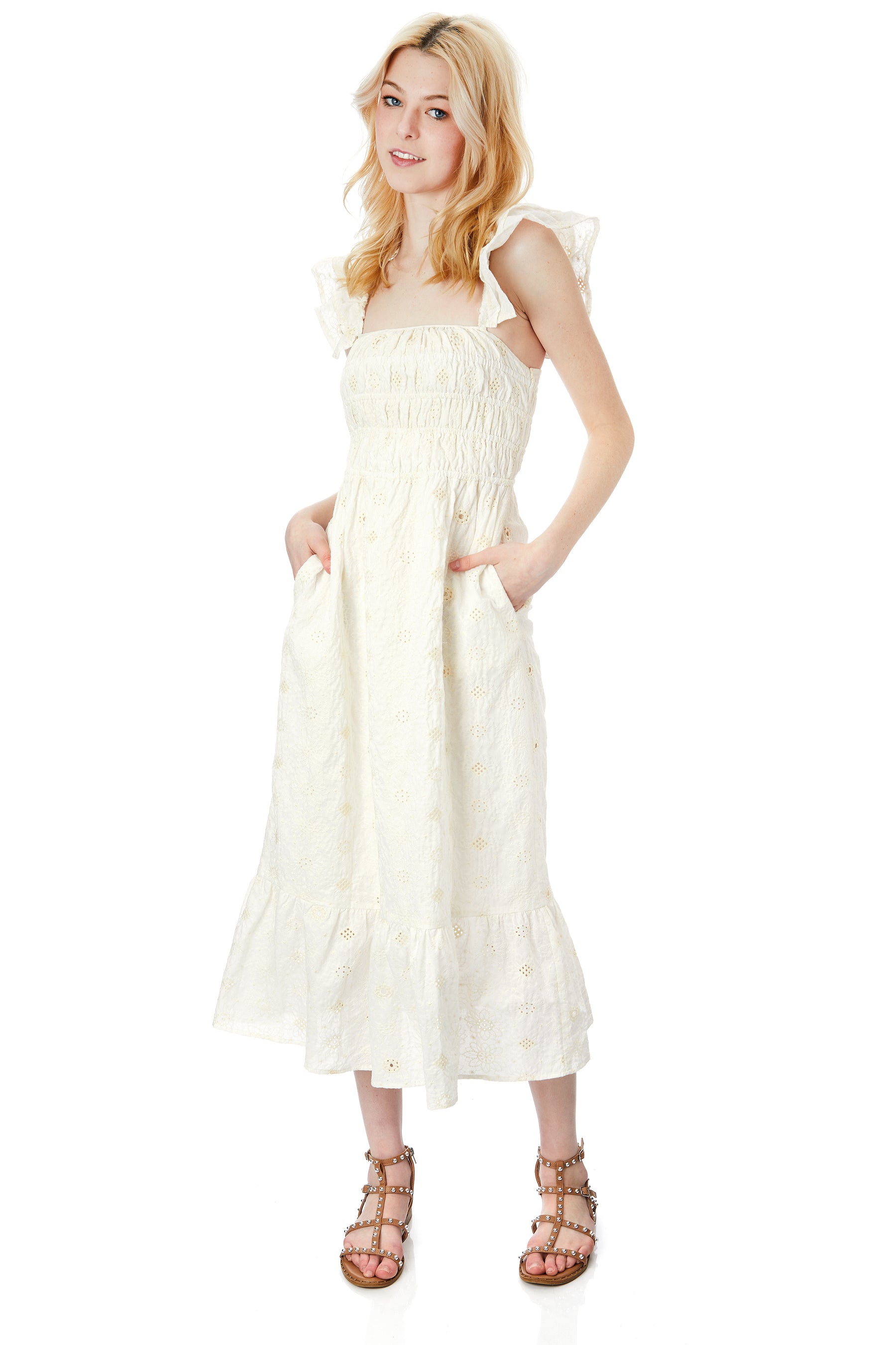 Evelyn Eyelet Ruffle Sleeve Midi Dress