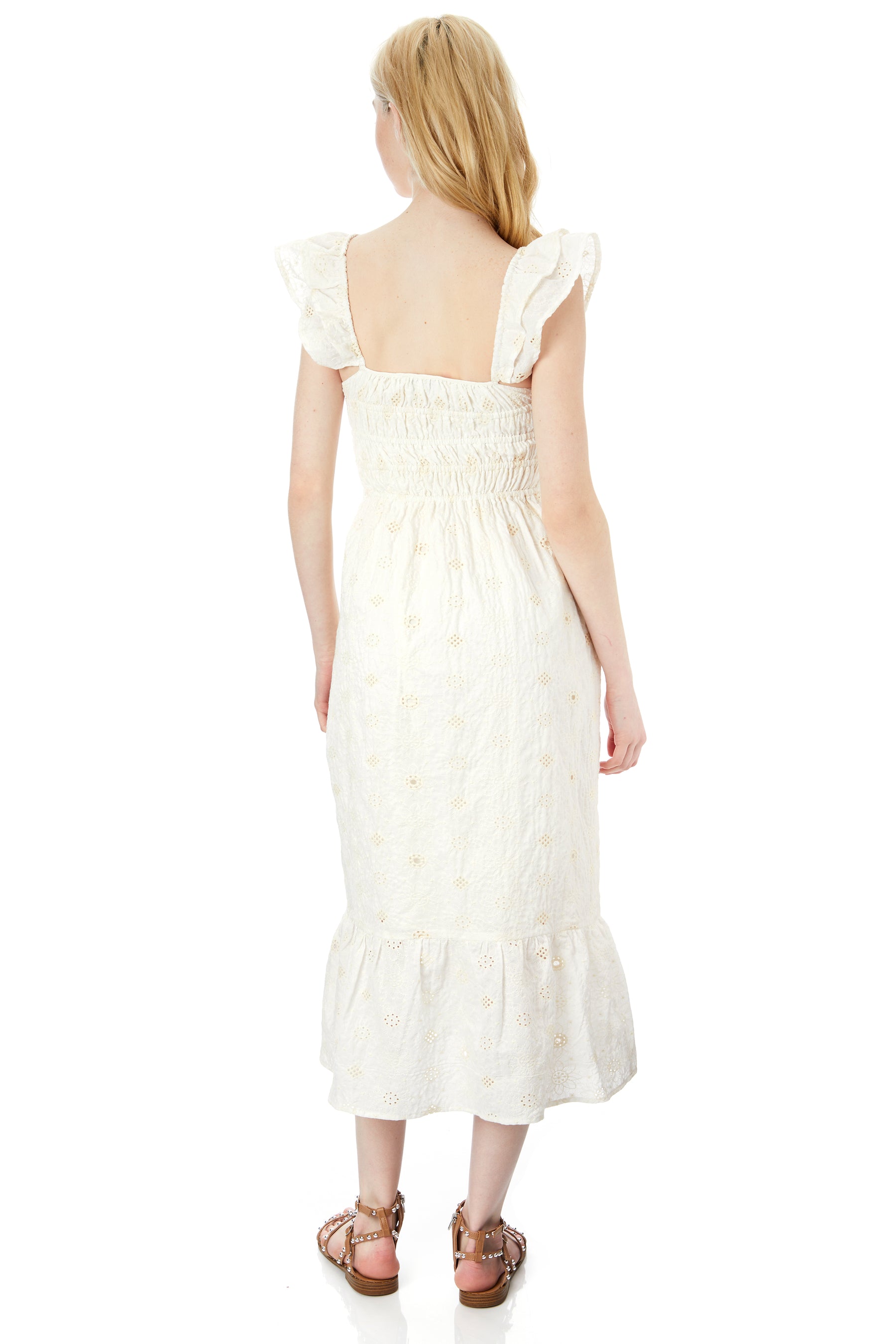 Evelyn Eyelet Ruffle Sleeve Midi Dress
