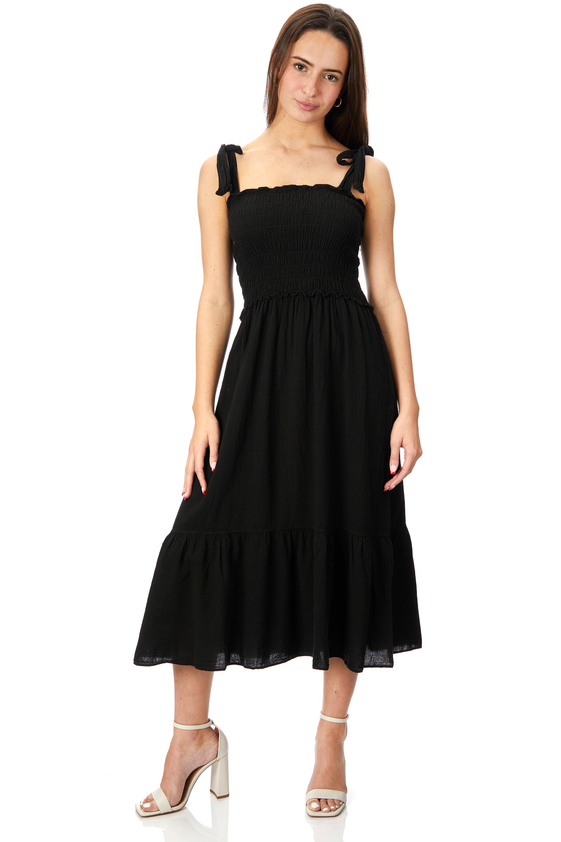 Tie Shoulder Smocked Midi Dress