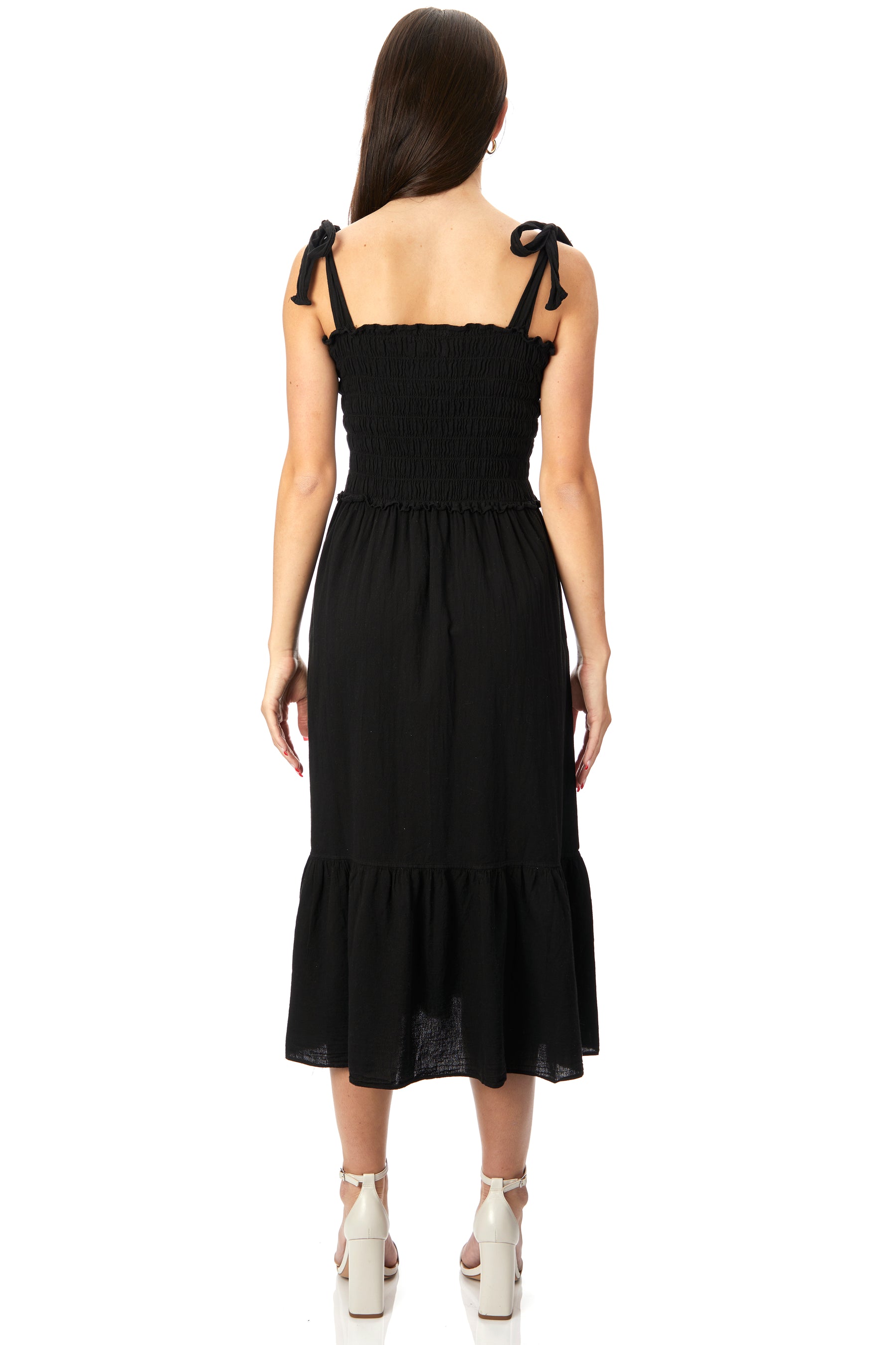 Tie Shoulder Smocked Midi Dress