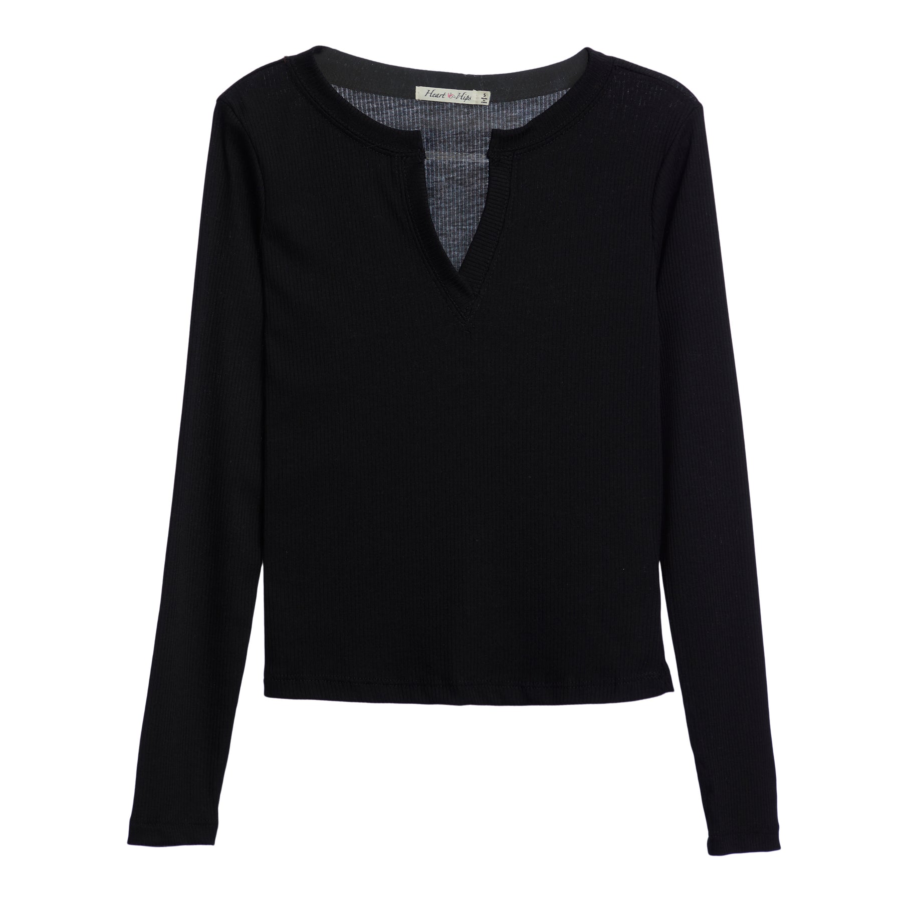 Notched Neck Ribbed Long Sleeve