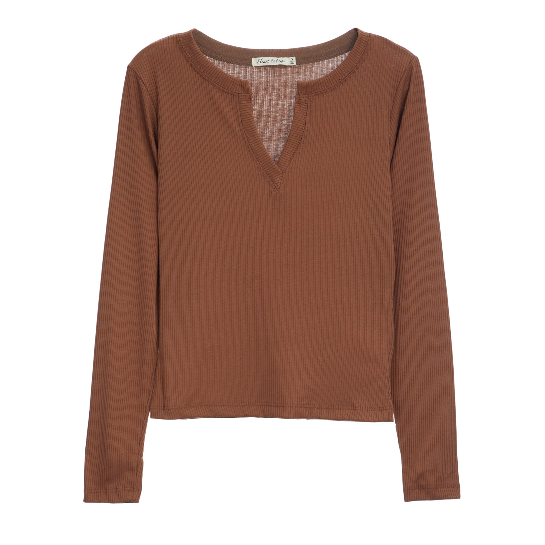 Notched Neck Ribbed Long Sleeve