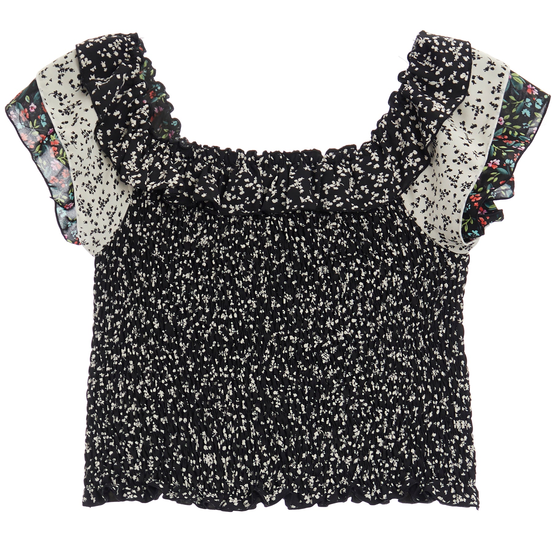 Mixed Print Ruffle Sleeve Top